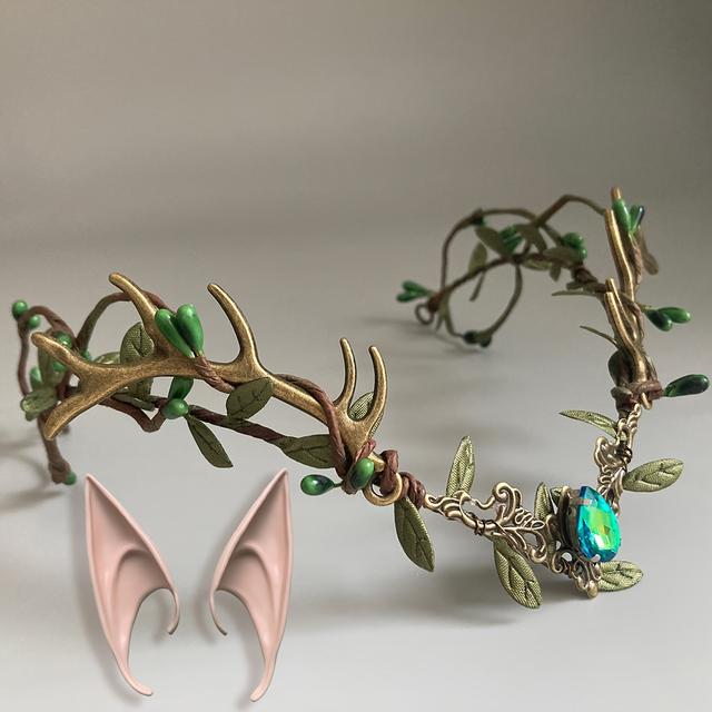 TEMU Adjustable Fairy Crown With Antlers - Vintage Headdress Suitable For , Forest Elf, Bridal & Cosplay - Medieval Renaissance Roleplay Accessory With Ribbon Adjustment & Synthetic Branches/gemstones