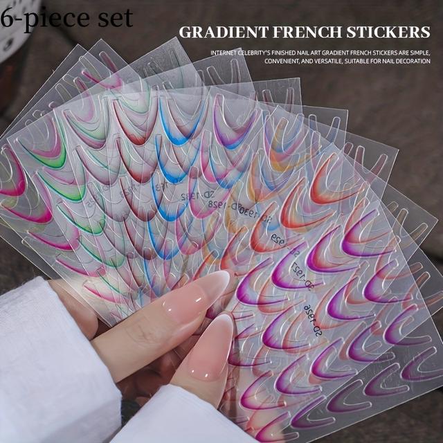 TEMU 6pcs-vibrant Gradient French Nail Stickers - Easy, Versatile, And Long-lasting Nail Art Decorations For Salon-quality Results At Home - Simple Application, No Nail Polish Needed