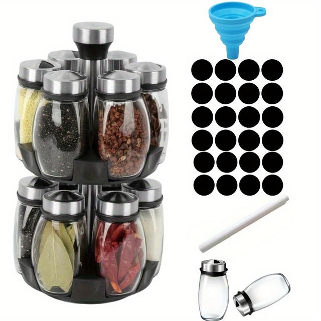 TEMU 12-jar Rotary Spice Rack Organizer, Glass Countertop Spice Holder With Step Shelf, Reusable Labels & Funnels, Multifunctional Kitchen Spice Storage System