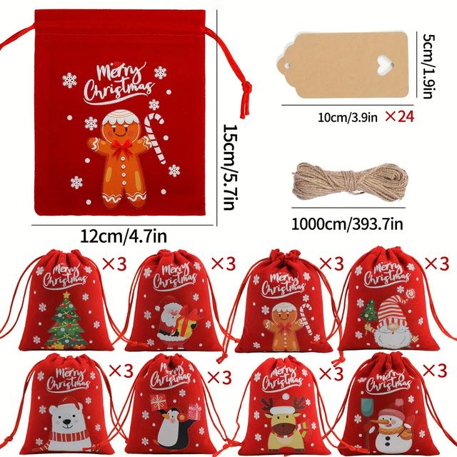 TEMU 24pcs Christmas Drawstring Gift Bags-multipack Velvet Treat Pouches With Designs, Reusable Candy Sacks For Holiday Party Favors Goody Wrapping,perfect For Candy, Jewelry & Party Favors