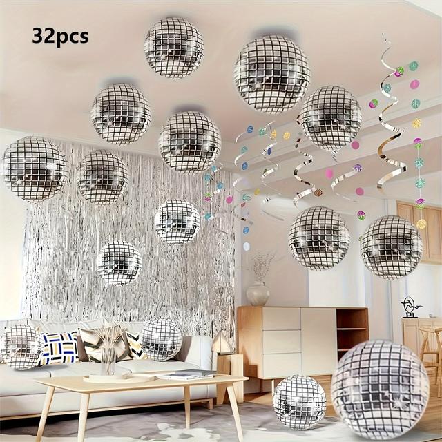 TEMU 32-teiliges Set silberner Discokugel-Ballons - Metallic-Spiegel-Aluminiumfolien-Dekor für 70er-80er-Jahre-Tanzparty, Verlobung, Hochzeit, Geburtstag, Mardi Gras, Cocktail - kein erforderlich
