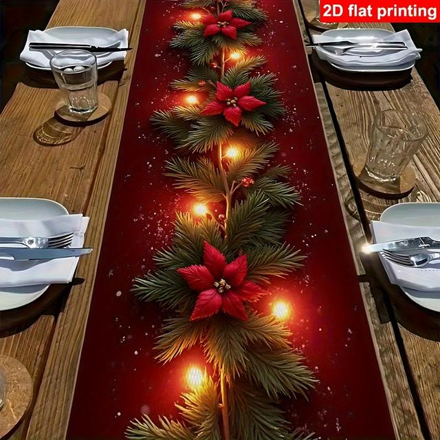 TEMU 1pc Elegant Red & Green Christmas Table Runner With - Durable Polyester Fabric, 2d Flat Design, Festive Holiday Dining Decor For Home, Office