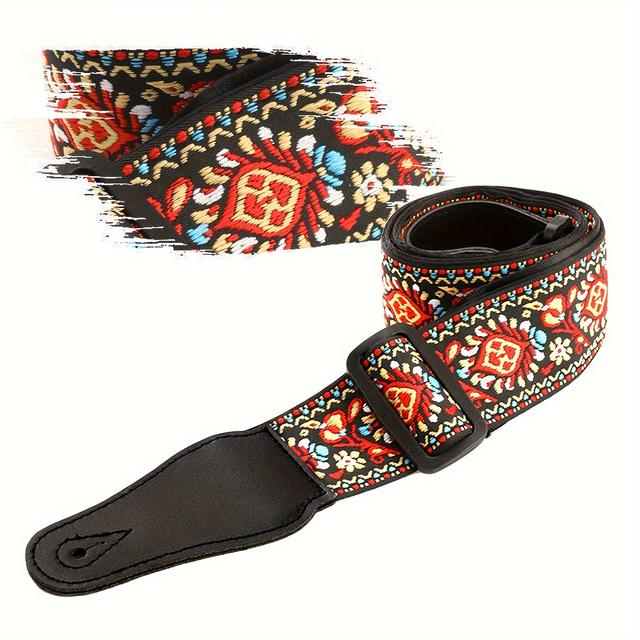TEMU Premium Double-layer Embroidered Guitar Strap With Faux Leather Ends - For Bass, Electric & Acoustic Guitars - Available In Peach/pink/red/blue