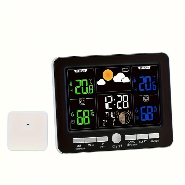 TEMU 1 Indoor/outdoor Weather Station - Color Lcd Display With Atomic Clock, Barometer, Temperature & Humidity Monitoring, Dual Alarm With Function, Calendar Date, Ideal For Home/office/garden
