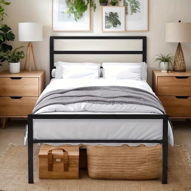 TEMU Twin Size Bed Frame Heavy Duty Twin Platform Bed Frame With Headboard And Footboard Twin Size Bed Frames With Steel Slat Support Under Bed Storage Spring Needed, Black