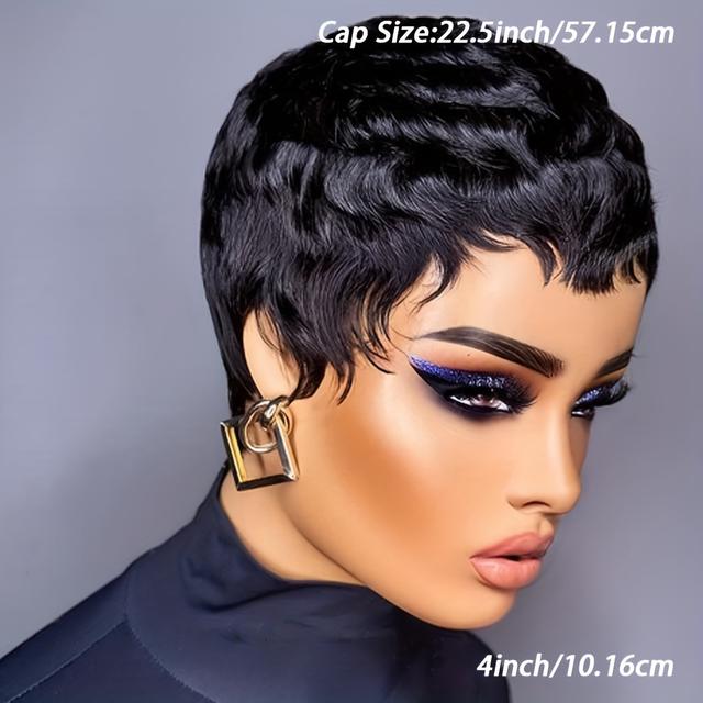 TEMU Women's Pixie Cut Straight Human Hair Wig With Bangs, 150% Density Cap, Glueless Short Brazilian Hair Wig, Basics Style Full Machine People - 4 Inch