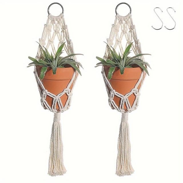 TEMU 1/2 Pack Boho Makramé Växthängare med 1/2 Krokar, Handgjorda Hamprep Hängande Korgar för Inomhus- och Utomhusväxter, Bohemisk Hemdekoration Utsmyckning