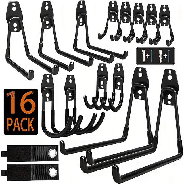 TEMU 16pcs Garage Heavy Duty Hook Set, Garage Hook, 16pcs Steel Heavy Duty Garage Storage Hook With Anti Slip Coating, Universal Garage Wall Hook, Gardening Tools