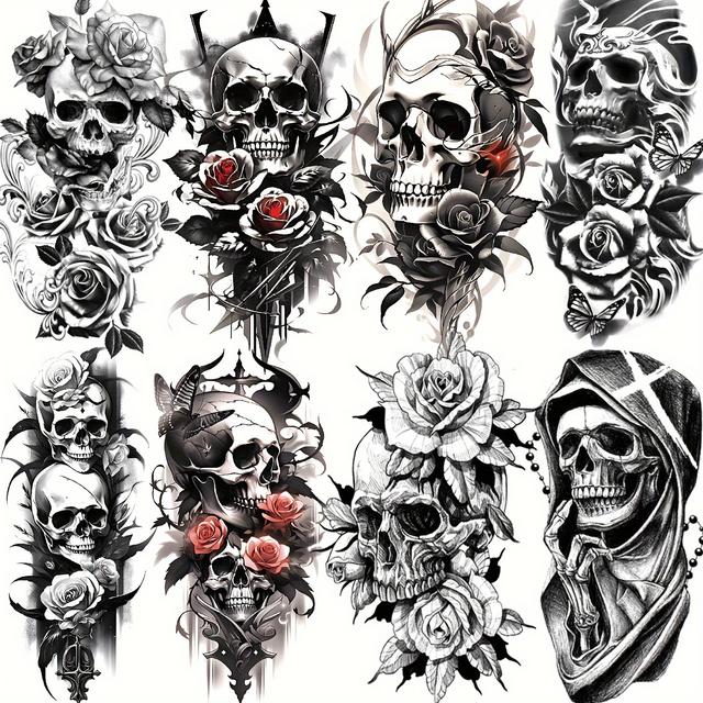 TEMU 8-pack Stylish 3d Skull And Rose Temporary Halloween Tattoos, Unisex Realistic Waterproof Fake Tattoo Stickers For Arms & Legs, Durable Body Art Decals For Adults