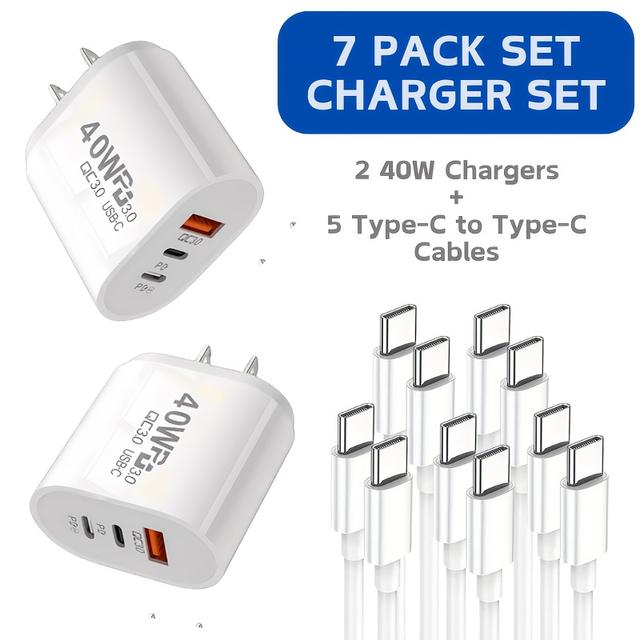 TEMU Set Of 7 Includes 2 40w And 5 Type-c Cables, Featuring A 40w Usb C Wall Charger With Dual Ports And Qc 3.0, Allowing Fast Charging For Up To 3 Devices At .
