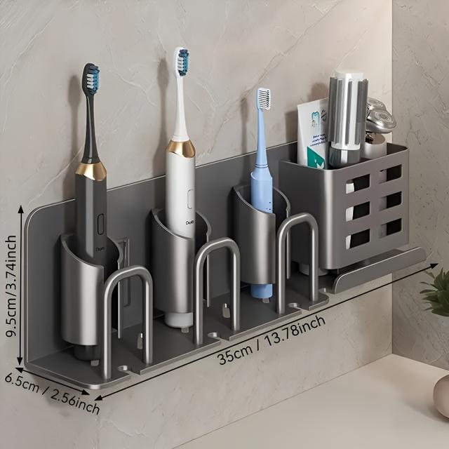 TEMU Wall-mounted Aluminum Toothbrush Holder | No-drill Installation | With Storage Slots & Cups | Space-saving Bathroom Organizer For Electric Toothbrushes And Razors |