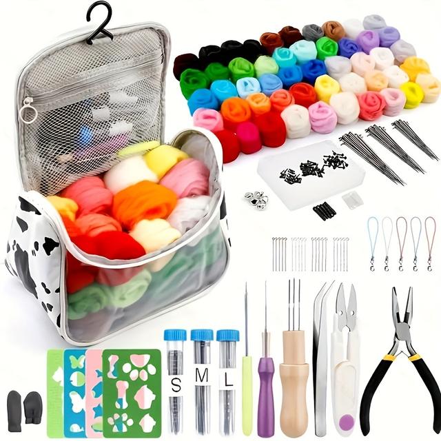 TEMU 228pcs Needle Felting Kit, 50 Colors Wool Roving, Diy Craft With Needles, Foam Mat, Storage Bag, Beginner's Wool Felting Tools For All Crafting