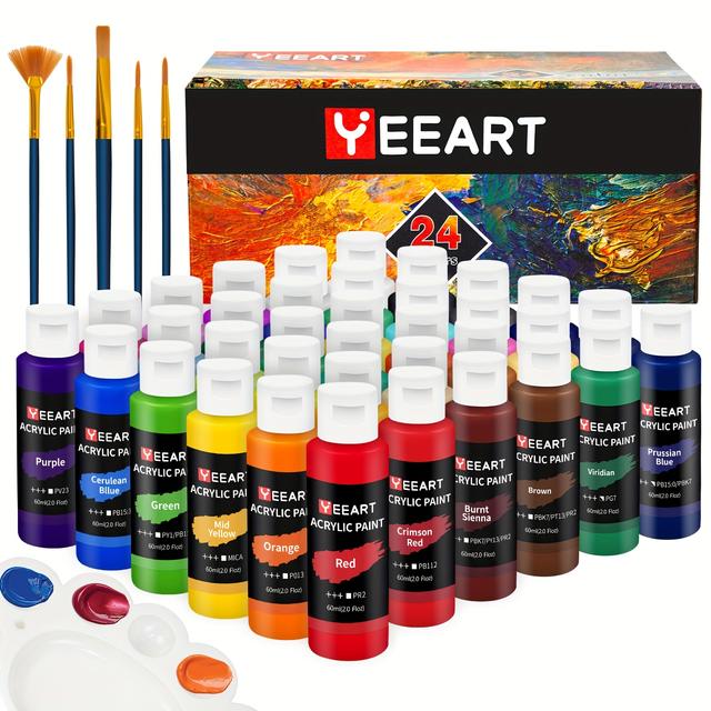 TEMU 24pcs 60ml Acrylic Paint Set With Brushes And Palette - Beginner' & Ceramic Art Painting Kit, 24 Colors For Diy Decorative Graffiti