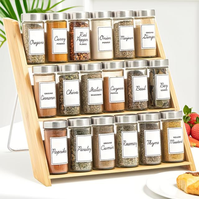 TEMU Organizador de Especiarias de Bambu para Superfícies e Gavetas de Cozinha - Prateleira de Enchimento de Madeira Durável - Unidade de Armazenamento Dobrável de Níveis (Frascos Não Incluídos)