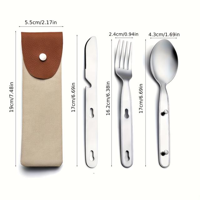 TEMU 3-in-1 Stainless Steel Camping Cutlery Set Portable Outdoor Utensils Travel Serrated Table Knife Compact Hiking Picnic Tableware