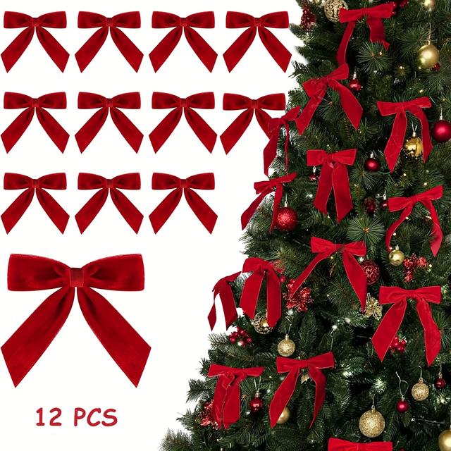 TEMU Set Of 12 Christmas Ornaments - Medium Red Velvet Bows Measuring 7 X 6 Inches For Decorating Christmas Trees - Burgundy Ribbon Decorations For Home, Wreaths, Gift Wrapping, And Wedding Parties