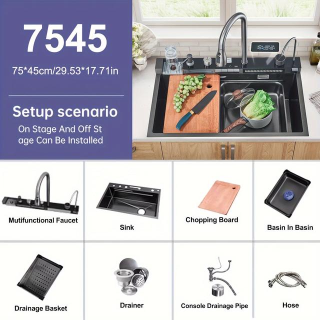 TEMU Modern Stainless Steel Kitchen Sink Set With Digital Display - Waterfall Design, Pull-down Spray Head, Cup Washer & Cutting Board - /undermount Installation - Farmhouse Style