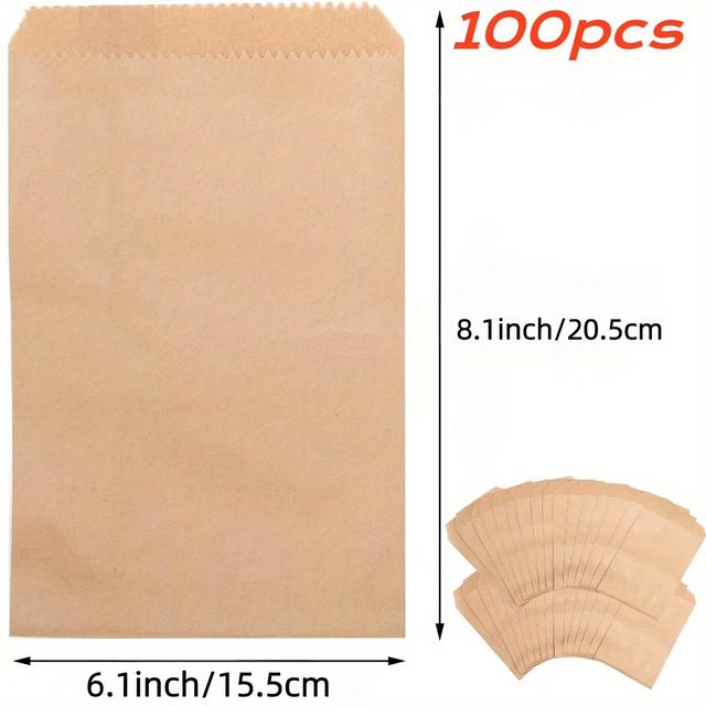 TEMU 50pcs/100pcs Natural Paper Bags, Food Grade Food Storage Bags 3×5/4×6/5×7/6×8 Inch Snack Bags, Flat Gift Bags, Food Storage, Bakery Biscuits Candy Snacks Sandwiches Favor Bags