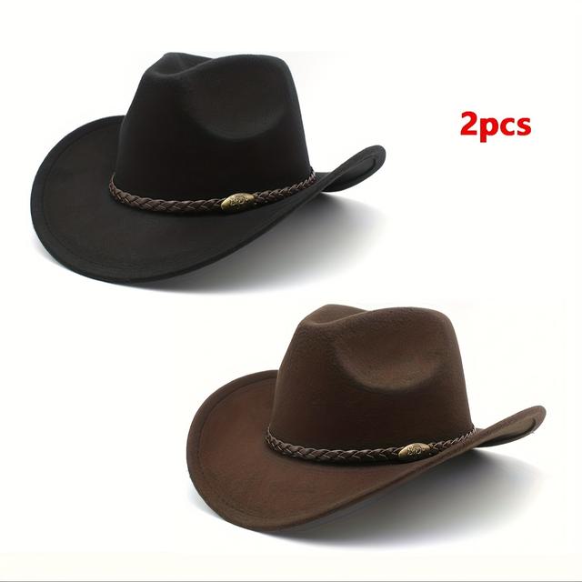 TEMU 2pcs Elegant Western Cowboy Hats For - Fedora Style With Braided Calf Accessory, Breathable Polyester Felt, Versatile Top Hat, Fedora Hat