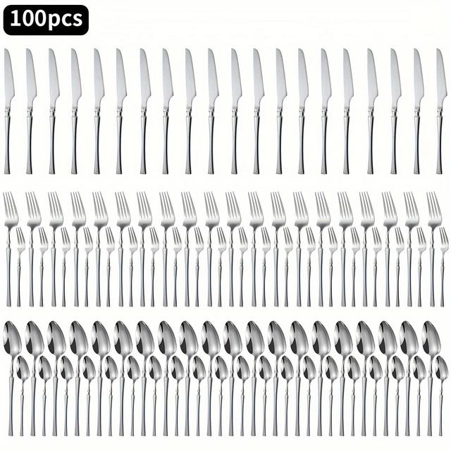 TEMU 100-teiliges Edelstahl Geschirr Set | Inklusive Messer, Löffel, Gabeln, Dessertlöffel, Dessertgabeln - Ideal für Zuhause, Küche, Restaurant, Partys, Weihnachten, Hochzeiten