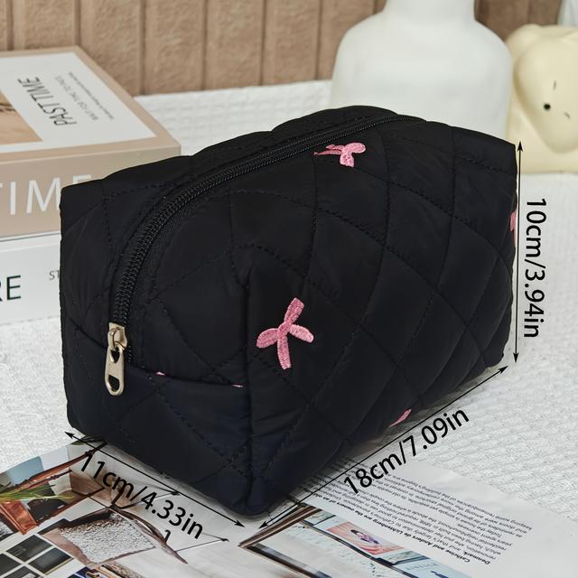 TEMU Black Embroidery Pink Bow Folding Storage Bag-ladies Portable Finishing Bag, Fashion Gift , Durable Zipper Design, Exquisite Accessories -- [4 ]]