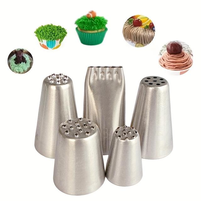TEMU Set Of 5 Small Grass Piping Tips Made Of Stainless Steel, Including Models 233, 234, 235, 29, And 134, For Cake Decorating