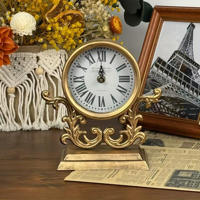 TEMU Vintage Golden/black Wall Clock, Silent Non-ticking Battery-powered Rustic Tabletop Clock, Suitable For Living Room Decoration