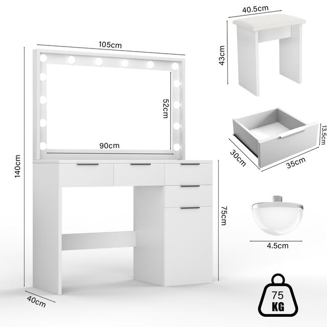 TEMU Tocador con espejo grande y luces, juego de escritorio de tocador con 5 cajones, mesa de maquillaje con taburete acolchado para dormitorio, vestidor ()