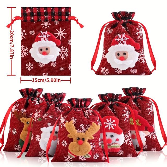 TEMU 6pcs Small Burlap Christmas Gift Bags With Drawstring Closure - 3d Burlap Wrapping Sacks Suitable For Treats, Party Favors, Candy & Holiday Decorations - Fabric