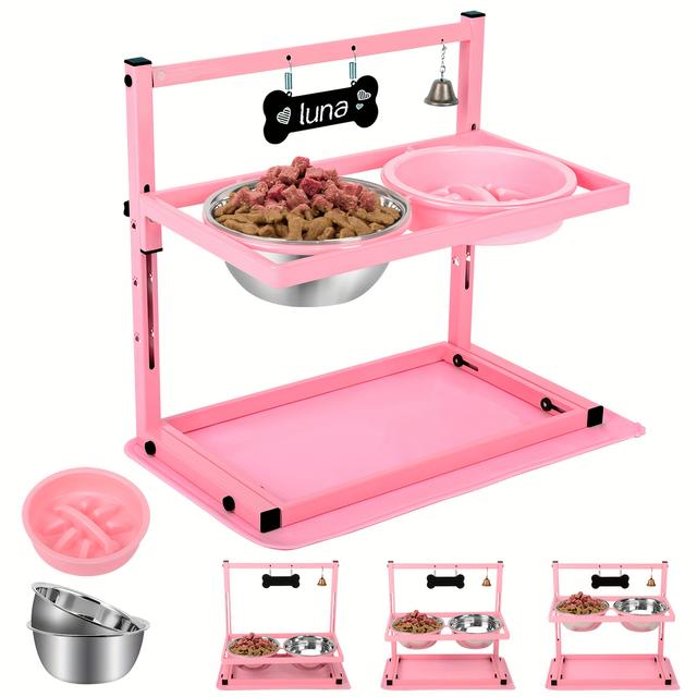TEMU Elevated Dog Bowls For Small And Medium Dogs, Iron Raised Dog Bowl Stand With 2 Dog Food & Water Bowls, Adjustable Height Dog Feeder For Puppy & Cats, Cute Pink