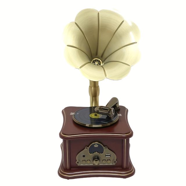 TEMU Miniatur-Plattenspieler aus Holz, Grammophon-Optik, kabellose Verbindung, Audio-Player, AUX-Eingang, USB, Stereolautsprecher, imitieren Vintage-Grammophonlautsprecher, Vintage, bräunlich-rot