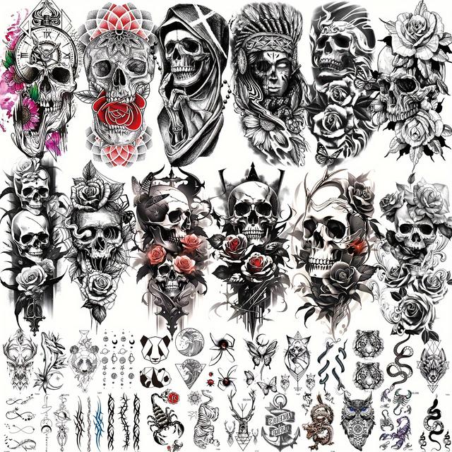 TEMU 37 Sheets Containing 12 Large Cool 3d Rose Temporary Tattoos For Men Women Adult Halloween Makeup Tattoos, 25 Small Realistic Tiger Fake Tattoo Stickers Waterproof Arm Leg Decals Long Lasting