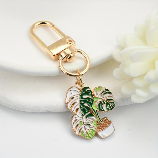 TEMU Creative Alloy Succulent Pot Keychain With Green Leaf Design - Diy Mobile Phone Case Pendant, Street Style Bag Accessory, Ideal Holiday Gift For Men And Women