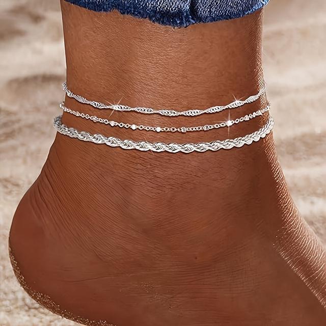 TEMU 3pcs Women's Ankle Chain Set, Fried Dough Twisted Chain, Water Wave Chain, Bead Chain, Stainless Steel Ankle Chain Set, Fashionable Commuting Minimalist Women's Summer Beach Ankle Chain