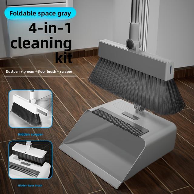 TEMU 4-in-1 Foldable Broom And Dustpan Set - Durable Plastic, Design For Home Cleaning - Ideal For Kitchen, Bathroom, Bedroom Floors - Includes Water Squeegee, No Broom Required, Broo