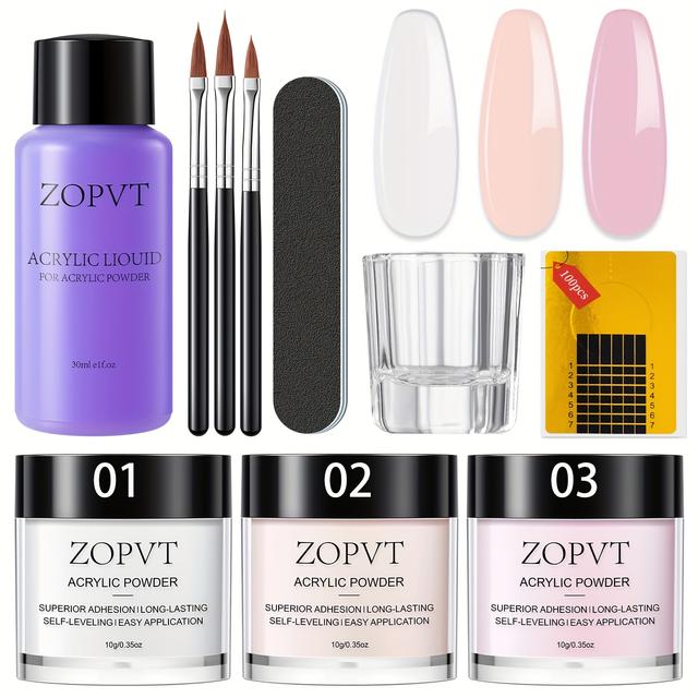 TEMU Acrylic Nail Starter Kit: Transparent Pink Acrylic Powder And Liquid, Brush, File, Model Nails, Press-on Nails, Home Practice Set