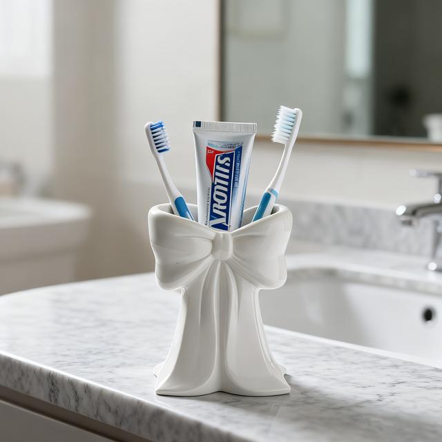 TEMU 1pc Cute Bow Toothbrush Holder, Couple Toothpaste Holder, Elegant Bathroom Storage Bottle, Valentine's Day Gift, Halloween Gift, Birthday Gift, Home Bathroom Decoration, Bathroom Storage