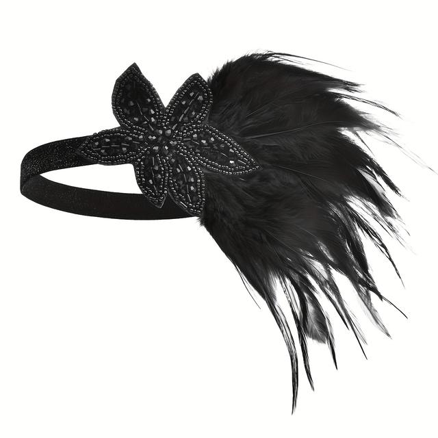 TEMU A Vintage-inspired Synthetic Feather Headband From The 1920s Series, Featuring Floral Patterns And Artificial Bead Decorations, Ideal For Women Attending Themed Events And Special Celebrations