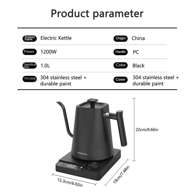 TEMU 1pc Gooseneck Coffee Kettle With Temperature Control And Insulation, 1200w Quick Boiling Kettle, 1000ml Capacity With Stable Water Flow Made Of 304 Stainless Steel.