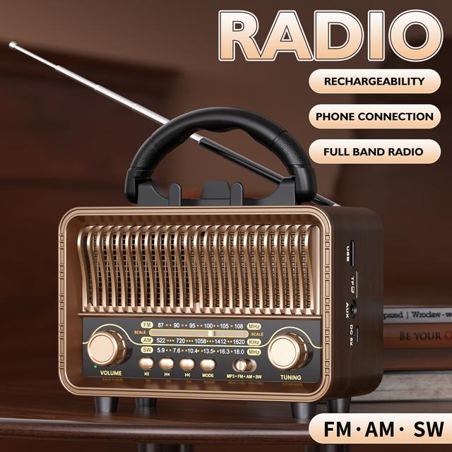 TEMU Vintage Portable Wireless Radio - Am/fm/sw With Usb Rechargeable Battery, Antenna, Aux & Tf Card , Wireless Connectivity, Ideal For Home & Outdoor Use, Perfect Gift