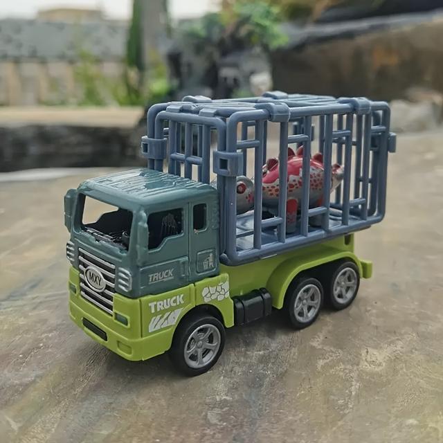 TEMU Adorable Mini Dinosaur Transport Truck, Dinosaur Themed Cart With Openable Animal Enclosure Trailer, Reversible Simulation Toy Model Suitable For Boys' Toys