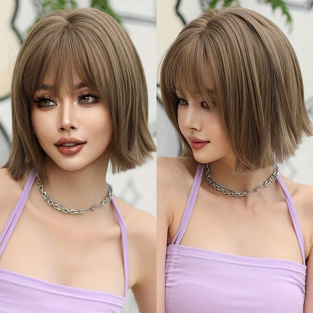 TEMU 1pc 7jhh Wigs Elegant Bob Wig For Women, 12 Inch Short Straight Heat Resistant Synthetic Hair, High Density 150% Cap, With Bangs For Daily And Party Use