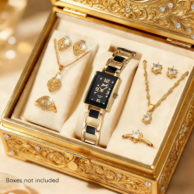 TEMU 9pcs Women's Elegant Versatile Watch + Necklace, Earrings, And Ring Set - A Surprise Gift For Her On Valentine's Day, Mother's Day, Or Birthday