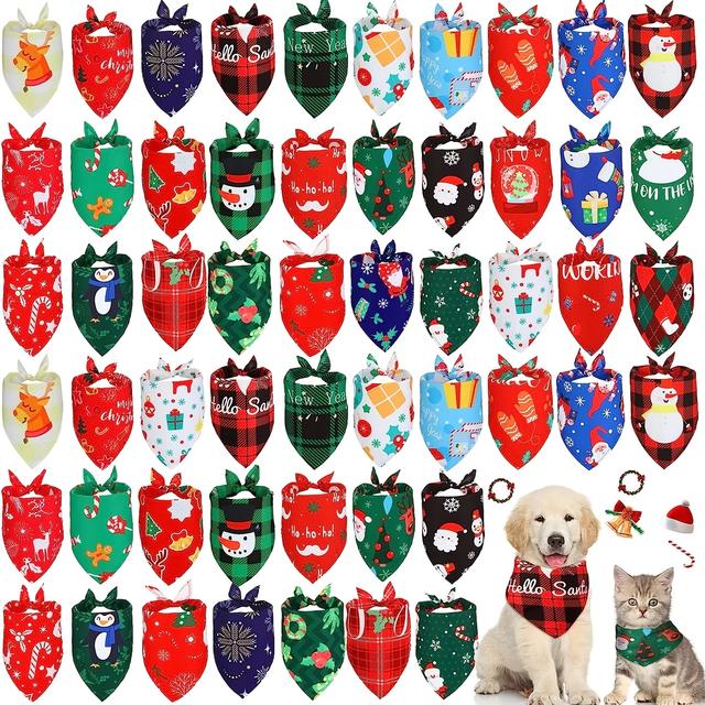 TEMU 60-pack Festive Holiday Bandanas For Dogs - Plaid, Santa, Reindeer & More Designs, Polyester, Hand Wash Only, Medium To Large Breeds, Ideal For Fall & Winter , Dog Bandana