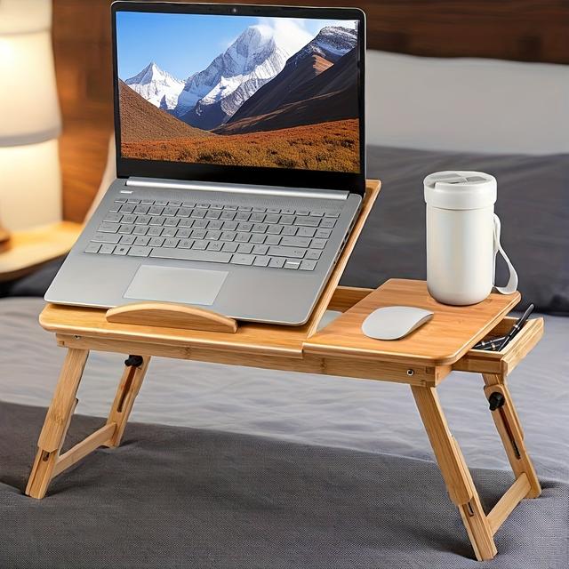 TEMU 1pc Adjustable Bamboo Laptop Bed Table Laptop Tray Adjustable Laptop Table Laptop Desk Tray Table Portable Laptop Stand Foldable Bed Table Breakfast Tray With Drawer For Bed Sofa