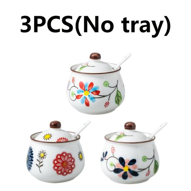 TEMU 3 Stück handbemalte Keramik-Gewürzgläser, Unterglasur-Farbige Haushaltssaucenbehälter mit Deckel Löffeln, Salz- Zuckergefässe, Küchenaufbewahrungsgläser, exquisite Blumenmuster