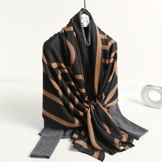 TEMU Women's Oversized Geometric Print Scarf - Lightweight Polyester Shawl For Sun Protection, Windproof & Warmth, Elegant Black & Beige Design, Versatile Beach Wrap, Travel Accessory, Casual Outing