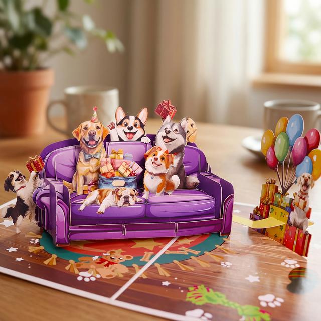 TEMU Vikbar 3D Hund Party Pop-Up Kort | Lila Soffa Valp Design, Allt-Övriga-Händelser Grattiskort, Pappersmaterial