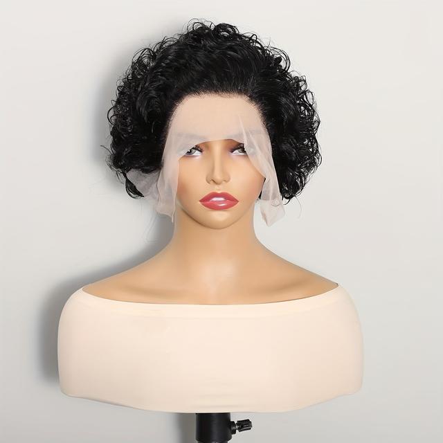 TEMU Short Curly Cut Lace Front Wigs 6 Inch, 13x1 Human Hair Hd Lace Front Wigs For 6 Inch Natural Black Layered Lightweight And Breathable Wig Halloween Cosplay Christmas Black Wig