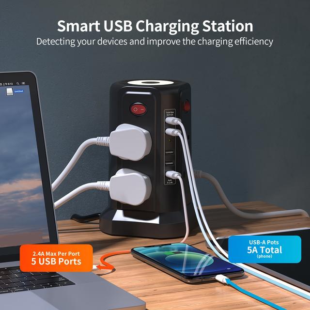 TEMU 13-in-1 Tower Strip With 4 Independent Switches + Adjustable Night Light, 2m/6.5ft Extension Cord, 8ac + 5usb Ports. Suitable For Any . Equipped With Protection. More Reliable Power Usage.